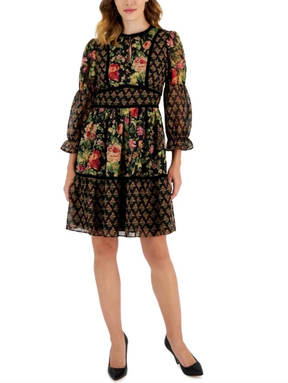 Tahari Asl Women Black Mixed-Print Velvet-Trim Flared 3/4-Sleeve Dress